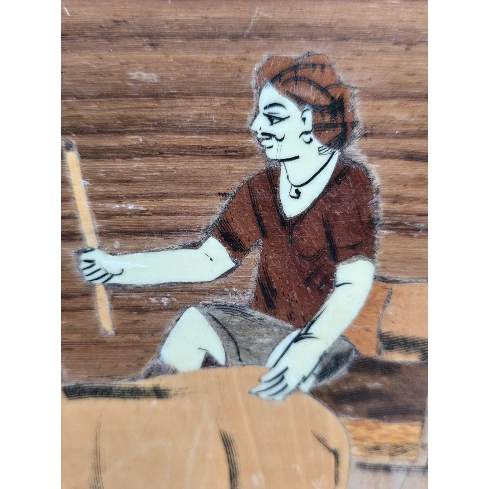 Vintage Wood Inlay Scene Ox Cart Farmer Rustic Farmhouse Decor‎